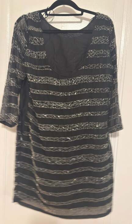 Romeo & Juliet Couture Black Beaded Stripe Sheer Sleeve Bodycon Dress Size M - Picture 3 of 5